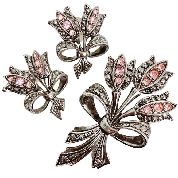 VTG Signed Avon Tulip Brooch Earrings Set Pink Rhinestone Silver Tone Marcasite - Picture 1 of 13
